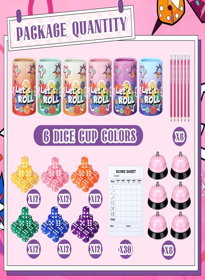 RoundFunny 6 Sets Bunco Game Kit Party Supplies for Ladies Night Family Christmas Board Game Gift 72 Colorful Dice 6 Bells 6 Dice Cups 30 Score Card 6 Pencils Rule Sheet for up to 6 Groups 2-12 Player - Image 2